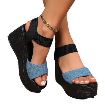Damen Plateau Sandalen ⎜ Bequeme Sommerschuhe mit Elastischen Riemen und Hohem Keilabsatz