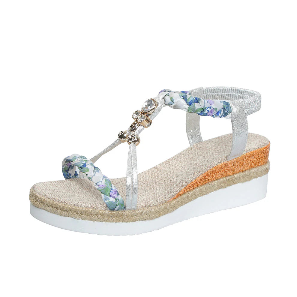 Damen Wedges mit geflochtenem Riemen ⎜ Komfortable Sandalen mit Perlen-Details und modischer Sohle