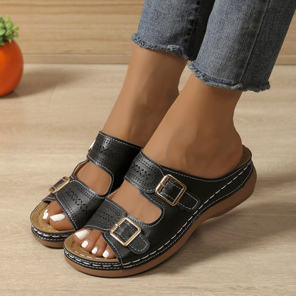 Komfort Sandalen für Damen ⎜ Leichte Pantoletten mit Schnallen und Keilsohle für Alltag und Freizeit