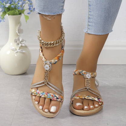 Damen Flache Sandalen ⎜ Bequeme Schuhe mit geflochtenem Design und funkelnden Details