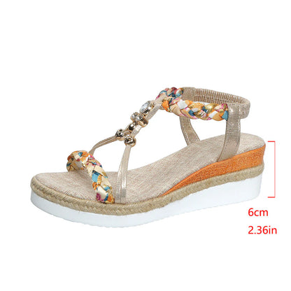 Damen Wedges mit geflochtenem Riemen ⎜ Komfortable Sandalen mit Perlen-Details und modischer Sohle