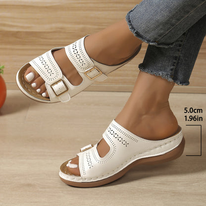 Komfort Sandalen für Damen ⎜ Leichte Pantoletten mit Schnallen und Keilsohle für Alltag und Freizeit