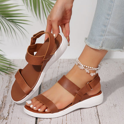 Damen Sandalen mit flacher Sohle ⎜ Bequeme Sommerschuhe mit offenem Zehenbereich und verstellbarem Riemen