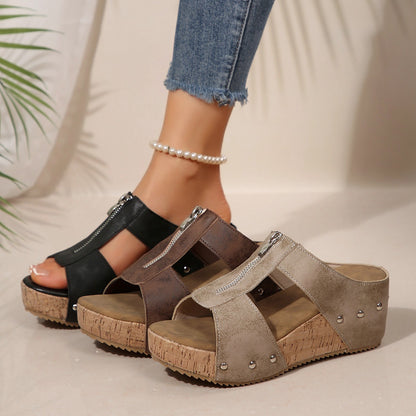 Plattform-Slipper für Damen ⎜ Bequeme Wedges mit Reißverschluss und Peeptoe für den Sommer