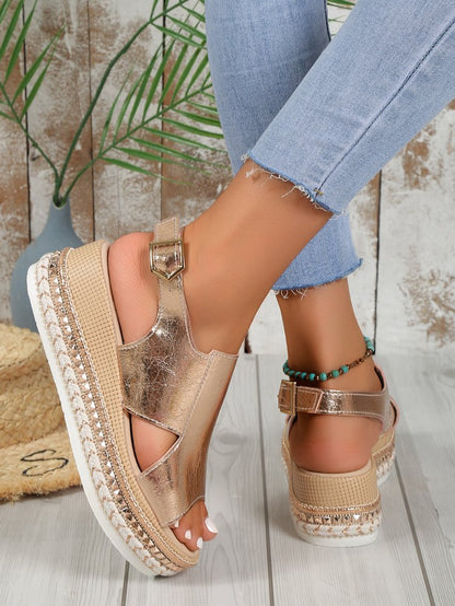 Damen Plateausandalen ⎜ Bequeme Sommerschuhe mit Bastsohle und Offener Zehenpartie für Alltag & Freizeit