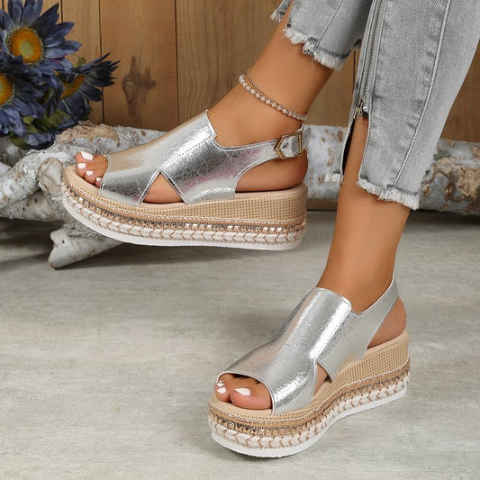 Damen Plateausandalen ⎜ Bequeme Sommerschuhe mit Bastsohle und Offener Zehenpartie für Alltag & Freizeit