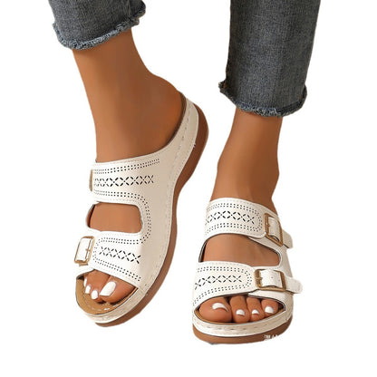 Komfort Sandalen für Damen ⎜ Leichte Pantoletten mit Schnallen und Keilsohle für Alltag und Freizeit