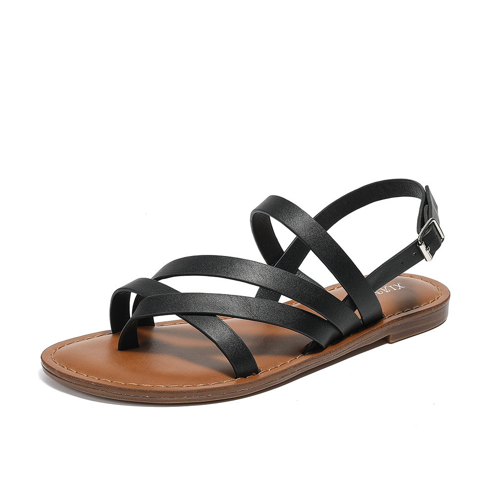Riemchensandalen für Damen ⎜ Klassische Sommerschuhe mit flacher Sohle und verstellbarem Knöchelriemen