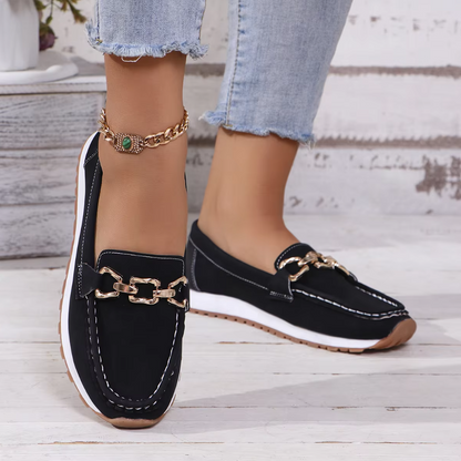 Bequeme Damen Loafers ⎜ Flache Schuhe mit Metallkette und Komfortabler Sohle für Alltag und Freizeit