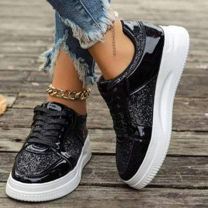 Damen Sneakers ⎜ Glänzende Schnürschuhe mit Glitzereffekt und dickem Sohlenprofil für den Alltag