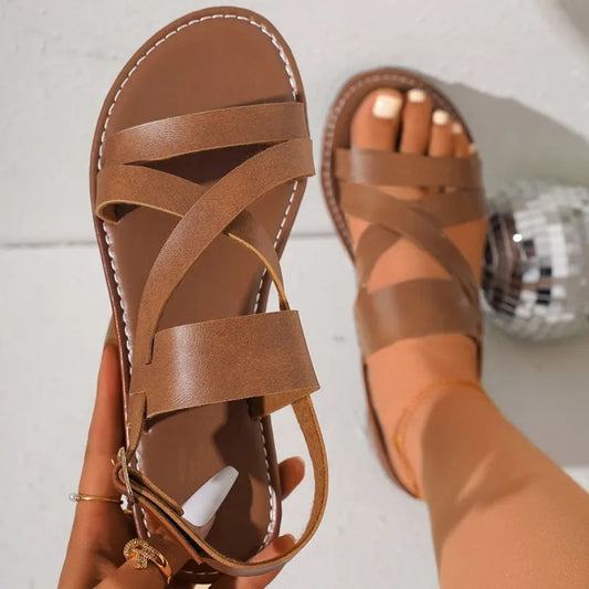 Damen Sandalen mit Kreuzriemen ⎜ Bequeme Sommerschuhe mit Knöchelriemen und rutschfester Sohle für jeden Tag