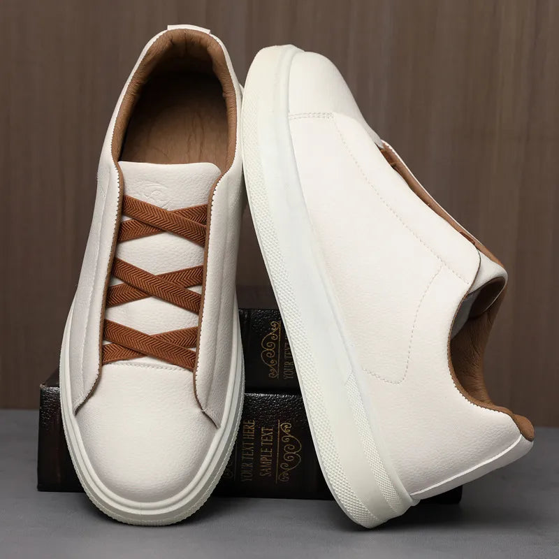Herren Sneaker ⎜ Atmungsaktive Leder-Schuhe mit Elastischen Schnürsenkeln für Bequemen Tragekomfort