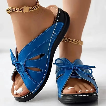Damen Wedge Sandalen ⎜ Bequeme Schuhe mit Schleifen-Design und luftigen Ausschnitten