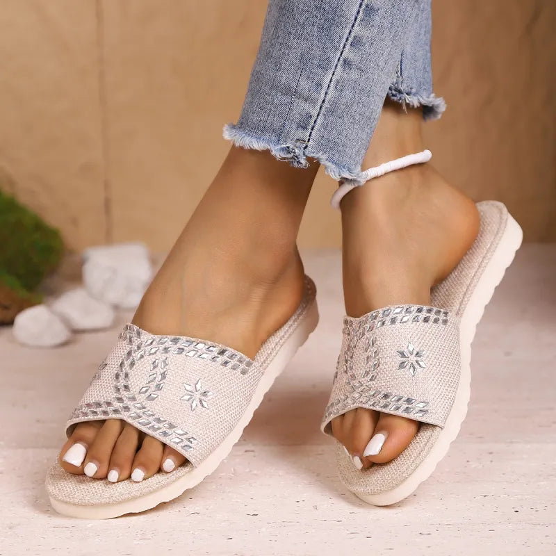 Plateau-Sandalen für Damen ⎜ Bequeme Sommerschuhe aus Canvas mit Glitzerdetails und runder Zehenpartie