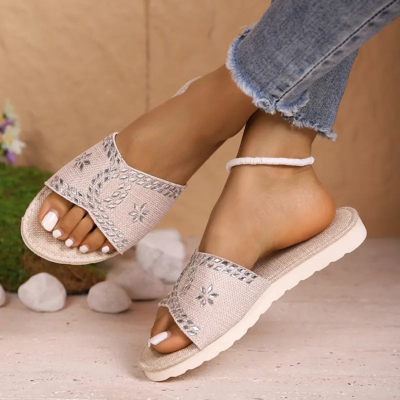 Plateau-Sandalen für Damen ⎜ Bequeme Sommerschuhe aus Canvas mit Glitzerdetails und runder Zehenpartie