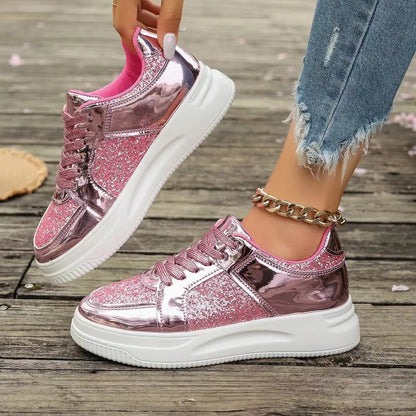 Damen Sneakers ⎜ Glänzende Schnürschuhe mit Glitzereffekt und dickem Sohlenprofil für den Alltag