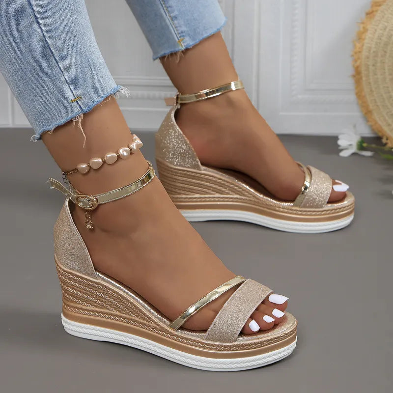 Damen Keilabsatz Sandalen ⎜ Elegante Sommerschuhe mit Glitzerriemen und Verstellbarem Knöchelriemen