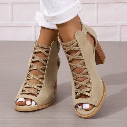 Damen High Heel Sandalen ⎜ Elegante Sommerschuhe mit Blockabsatz und Modischer Schnürung für Alltag & Events