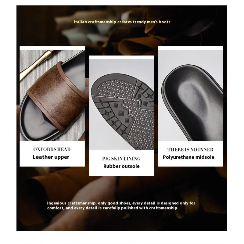 Herren Slipper aus echtem Leder ⎜Bequeme Sommer-Sandalen mit rutschfester Sohle für Outdoor-Aktivitäten