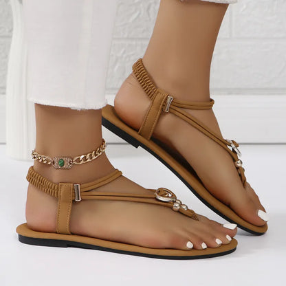 Damen Flache Zehensandalen ⎜ Bequeme Sommerschuhe mit Herzdeko und Elastischem Riemen für Strand & Freizeit