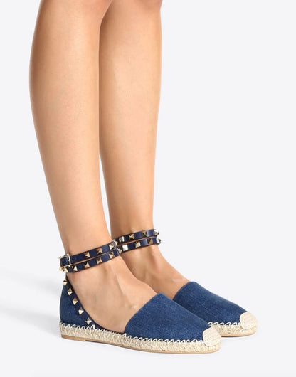 Flache Espadrilles für Damen ⎜ Bequeme Schuhe mit Nietenapplikation und Jutegarn-Sohle für den Sommer